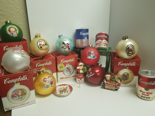 Collection of 14 Campbell's Soup Christmas Ornaments