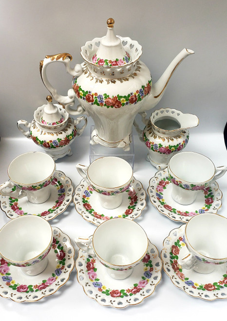 Vtg Fine Porcelain Tea Service for 6 - Floral and Lace Pierced Hearts