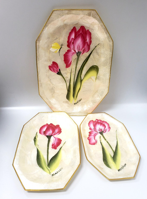 Set of 3 Hand-Painted Compressed White Petals Decor Plates Signed "MARILOU"