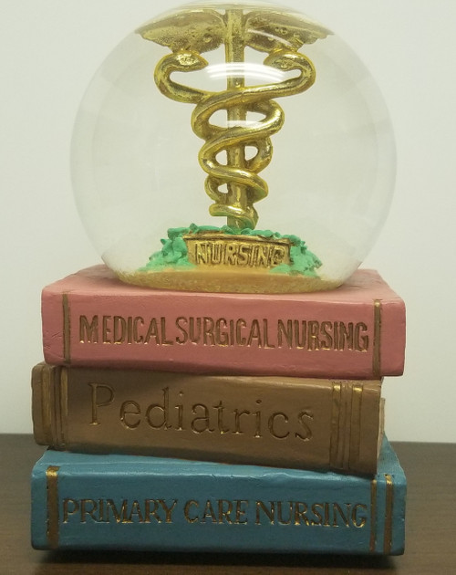 "NURSING" Caduceus Glitter Globe & Medical Books Music Box
