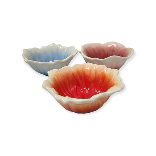 3 Blue Burgundy Orange Floral Bowls by HOME Studio Garden Bouquet Collection