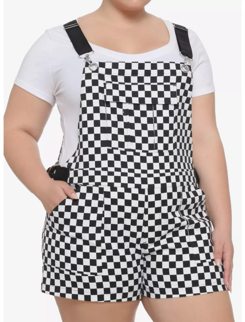 Black & White Checkered Utility Shortalls Plus Size - 1XL