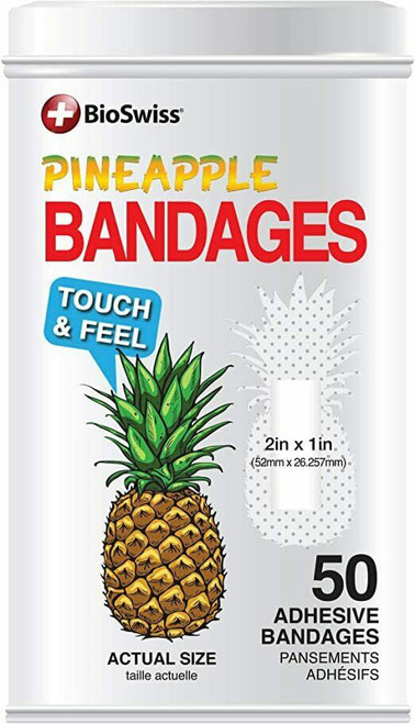 BioSwiss Bandages, Pineapple Shaped Self Adhesive Bandages, Latex Free Sterile Wound Care, Fun First Aid Kit Supplies for Kids and Adults, 50 Count