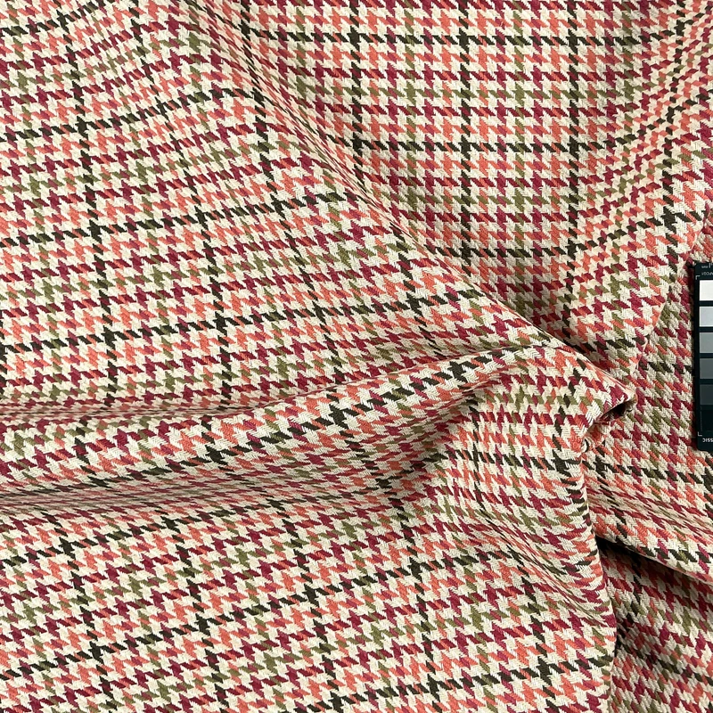 Durrow in Paprika | Upholstery Fabric | Houndstooth Plaid in Green, Red, Brown and Pink | 54 Inch Wide | Heavy Weight | Cotton Blend | Ralph Lauren | By The Yard