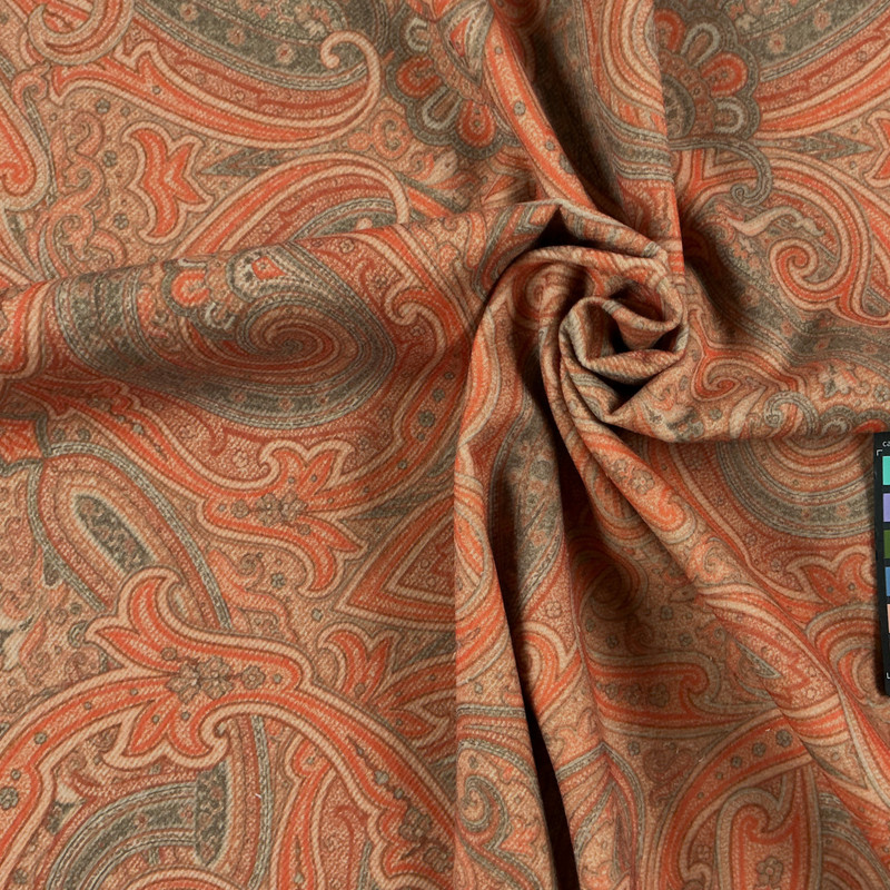 Tartufo in 17 | Upholstery Fabric | Paisley in Orange, Beige Tan, and Gray | 54 inches | Medium Weight | Polyester / Cotton Blend | Rioma | By The Yard