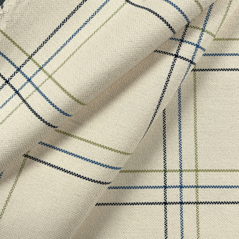 Baja in Victory | Upholstery Fabric | Large Scale Windowpane Plaid in Cream, Blue, and Green | Herringbone Weave | Medium Weight | Ralph Lauren | By the Yard