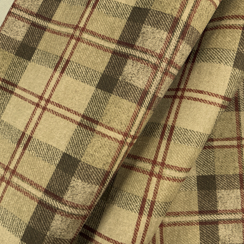 Lancaster 03 | Printed Velvet Upholstery Fabric | Plaid in Brown, Taupe, Red | Heavyweight | 54" Wide | Rioma | By the Yard.