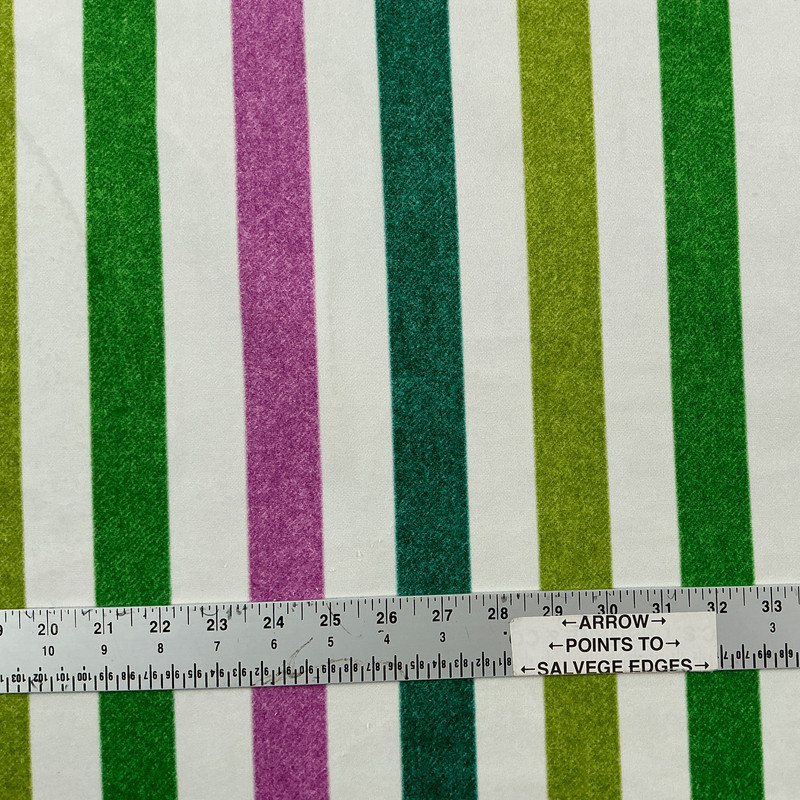 Raya Brid 03 | Printed Velvet Upholstery Fabric | Wide Stripes in Green, Purple, White | Heavyweight | 54" Wide | Rioma | By the Yard
