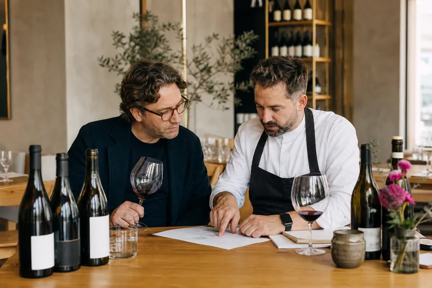 A wine merchant and chef reviewing a restaurant wine list together