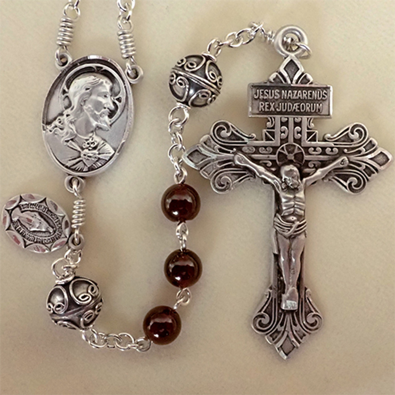 Garnet Gemstone Beads Catholic ROSARY Crucifix NECKLACE BOX