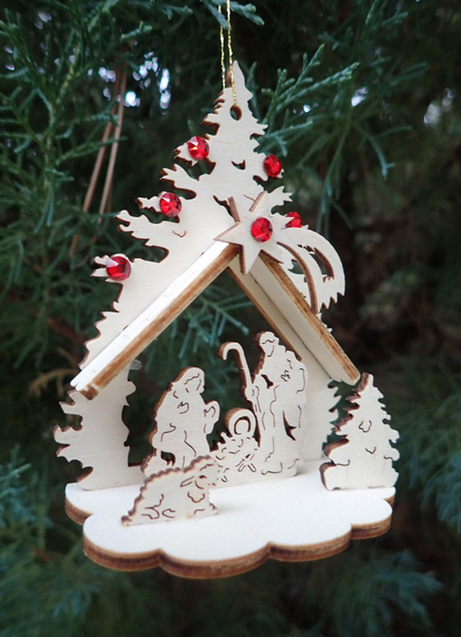Sisters of Carmel: Christmas Tree with Nativity Scene Wood Ornament