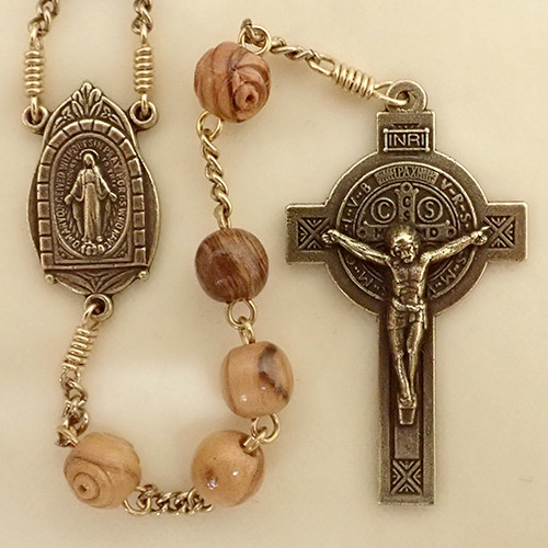 Brass Round Olive Wood St. Benedict Rosary - Sisters of Carmel