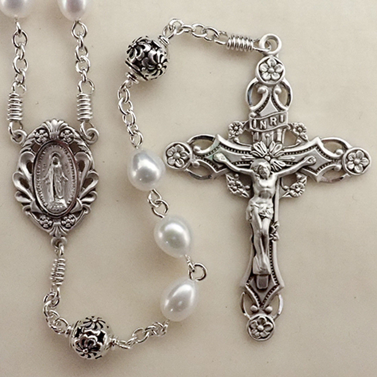 Ornate Mother of Pearl and Sterling Silver Rosary | Rosary.com™