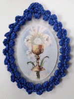 Crocheted Holy Eucharist relic badge, religious badges, cloth touched to relic of the Upper Room