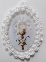 Crocheted Holy Eucharist relic badge, religious badges, cloth touched to relic of the Upper Room