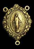 Fancy Rose Miraculous Medal- .75" - Brass/Gold Oxidized Double Sided  Centerpiece (37)