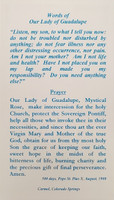 Our Lady of Guadalupe Holy Card Back