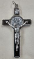 Wood Inlaid St. Benedict Crucifix - 3.25" - Olive/Walnut Dark Wood With Base Metal Wood Inlaid St. Benedict Crucifix - 3.25" - Olive/Walnut Dark Wood With Base Metal