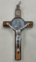 Wood Inlaid St. Benedict Crucifix - 3.25" - Olive/Walnut Light Wood With Base Metal
