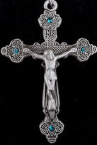 Engraved Blue Zircon Crystal Crucifix - 2" - Pewter