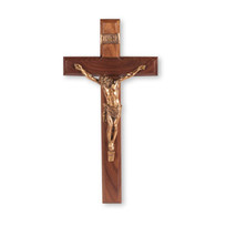 Walnut Crucifix with Gold Corpus - 12"
