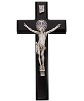 10" St. Benedict Solid Walnut Crucifix Made with Genuine Pewter Corpus & Medal