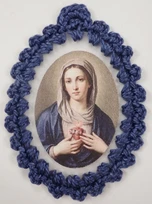 Crocheted badges of the Immaculate Heart of Mary, relic badge of the Immaculate Heart with cloth touched to the veil of the Blessed Virgin Mary