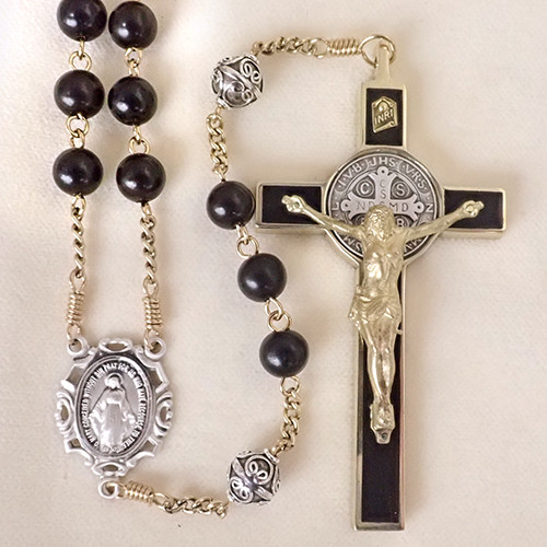 Ebony Rosary 黒檀象嵌ロザリオ(17) Two-tone Ebony St. Benedict Rosary - Sisters of Carmel