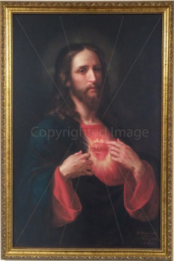 Mahogany Frame Sacred Heart of Jesus and Mary Picture God Bless Our Home 
