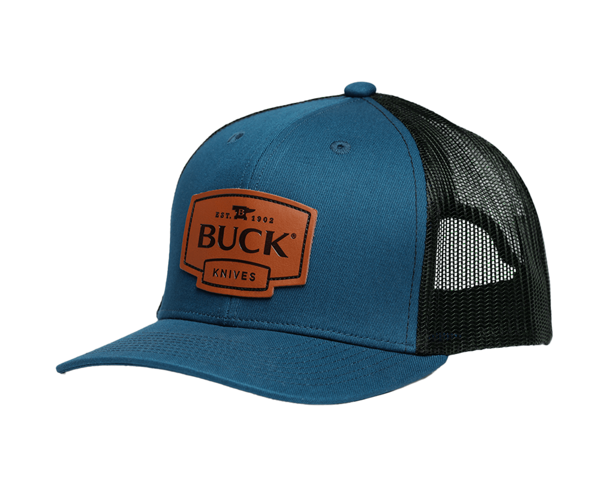 Buck Leather Patch Logo Trucker Hat - Blue