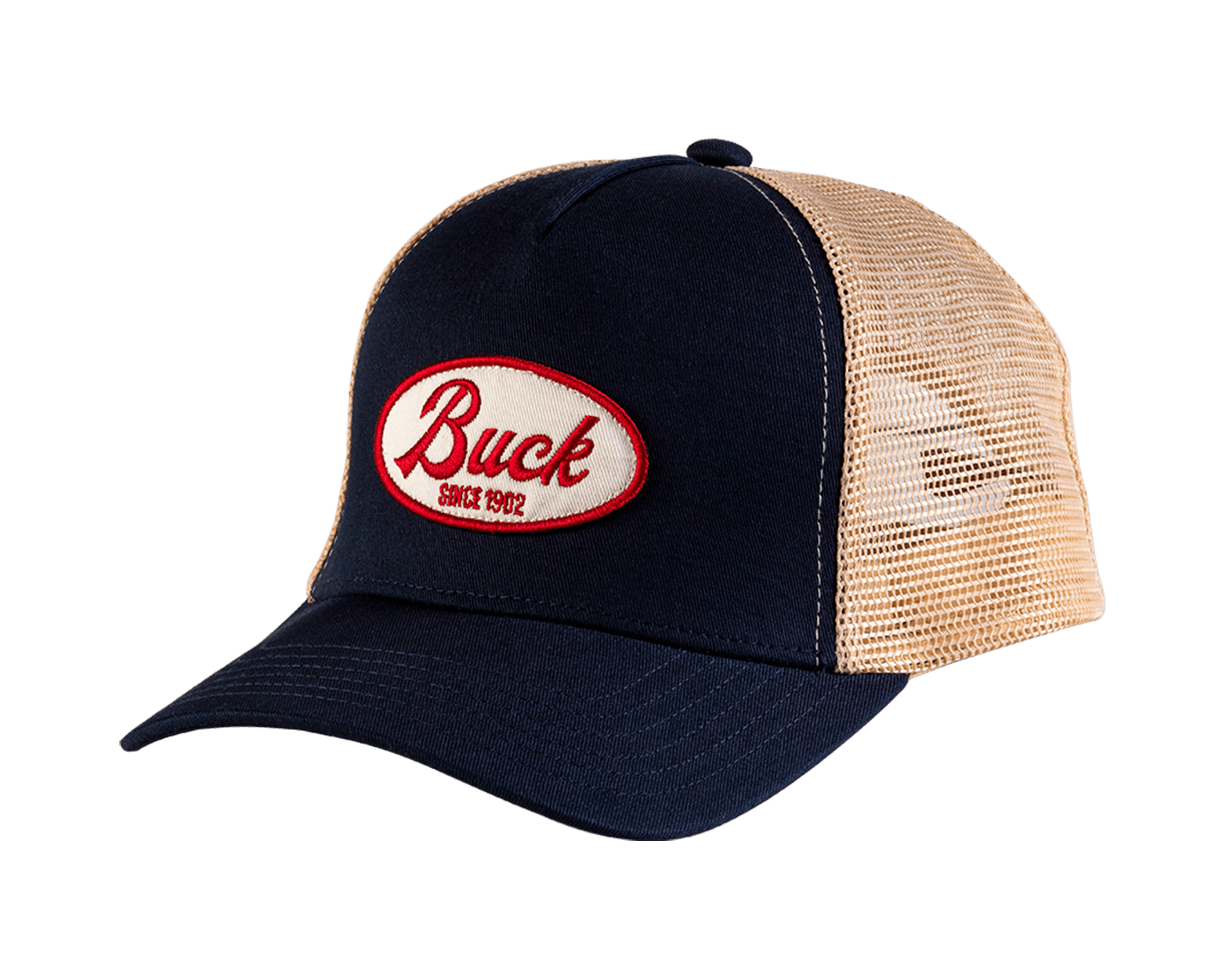 Buck Embroidered Logo Trucker Hat - Blue/Khaki