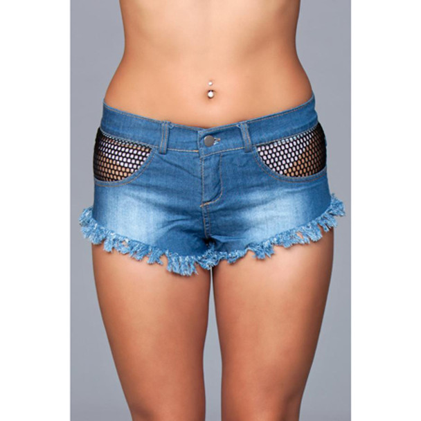 Denim Shorts W/Fishnet Top Trimming Frindge Bottom Black Small Packaging Hanging