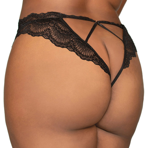 Dreamgirl Lace Tanga Open-Crotch Panty and Elastic Open Back Detail Black 3X Hanging