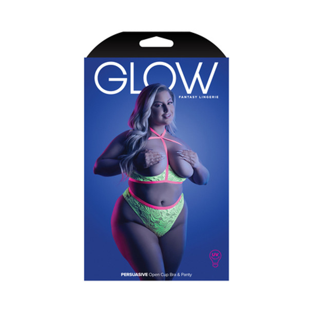 Fantasy Lingerie Glow Persuasive Open Cup Cage Bra & Panty Neon Green Queen