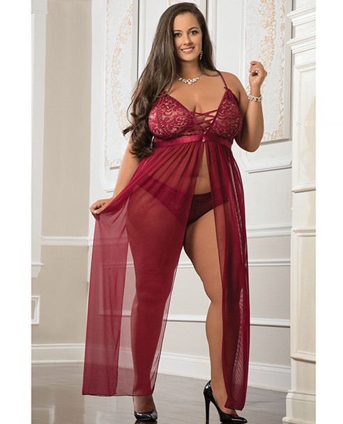 'empire Waist Laced Sheer Long Dress & Panty Mulled Wine Qn