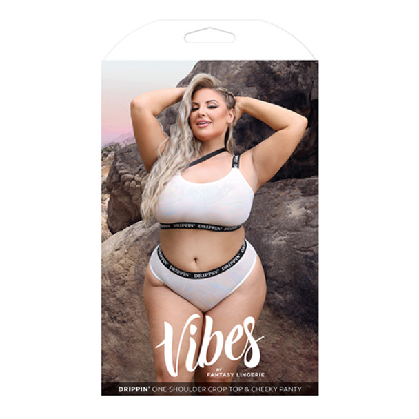 Fantasy Lingerie Vibes Drippin' Iridescent Strappy One-Shoulder Top & Panty Pearl White Queen