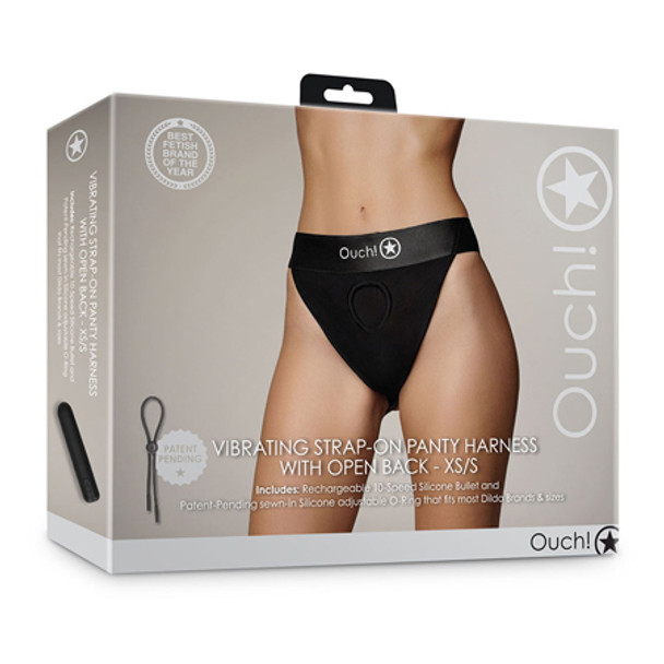 Shots Ouch! Vibrating Strap-on Panty Harness with Open Back Black XS/S