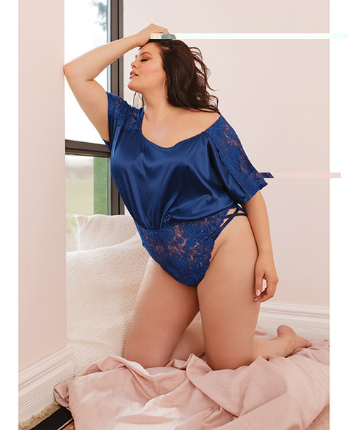 'stretch Satin & Scallop Stretch Lace Off The Shoulder Romper Navy Os/xl