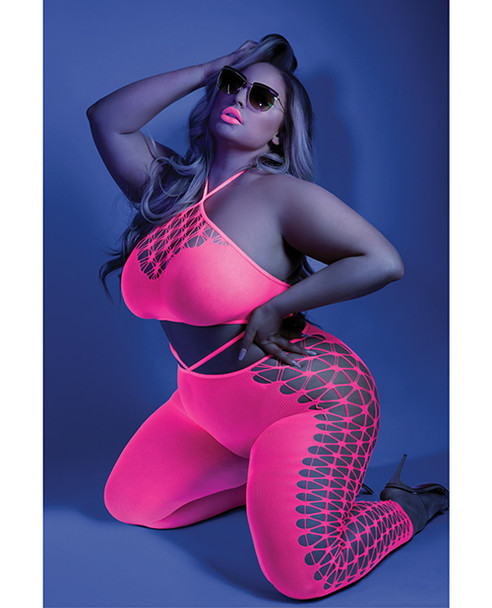 'glow Black Light Cropped Cutout Halter Bodystocking Neon Pink Qn