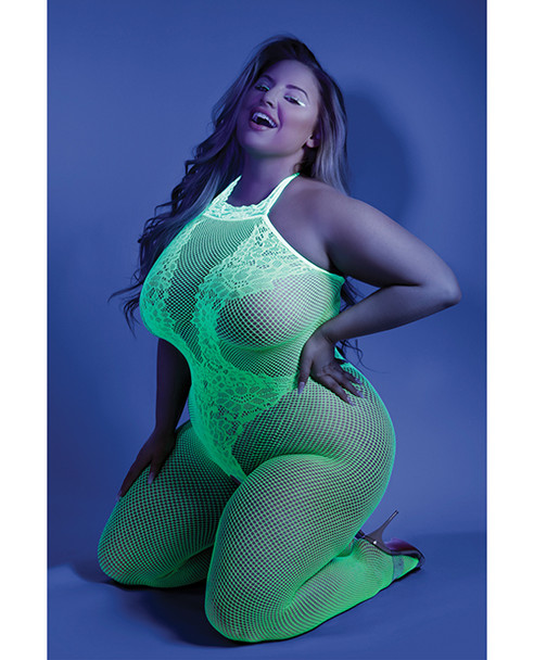 'glow Black Light Crotchless Bodystocking Neon Green Qn