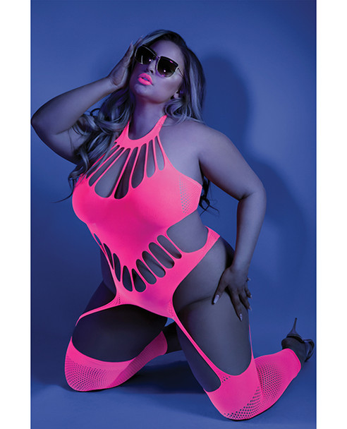'glow Black Light Footless Teddy Bodystocking Neon Pink Qn