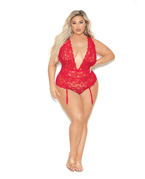 'euphoria Deep V Lace Teddiette W/open Crotch & Butt Red Qn