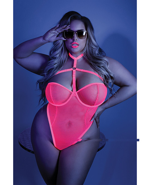 'glow Black Light Harness Mesh Body Suit Neon Pink Qn