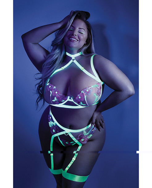 'glow Black Light Embroidered Harness Bra, Leg Garterbelt & G-string Neon Chartreuse Qn