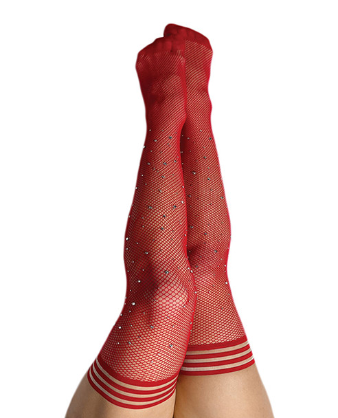 'kix'ies Joely Fishnet Rhinestone Thigh High Red D