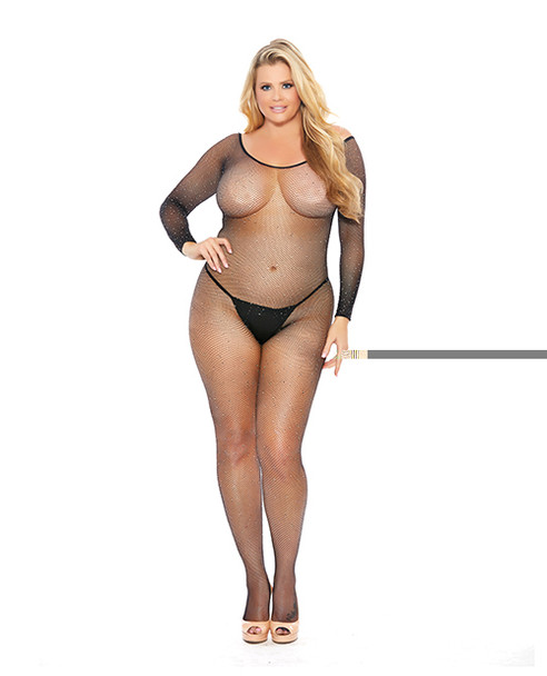 'rhinestone Fishnet Full Sleeved Bodystocking Black Qn