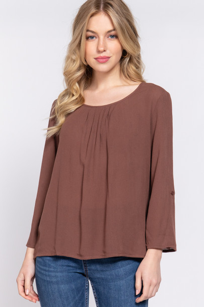 3/4 Roll Up Slv Pleated Blouse -Brown