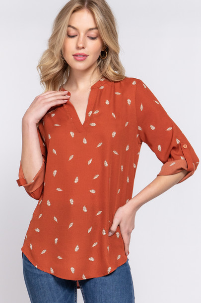 3/4 Roll Up Slv V-neck Print Blouse -Rust