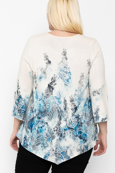 Print Top Featuring A Round Neckline And 3/4 Bell Sleeves-Blue Paisley