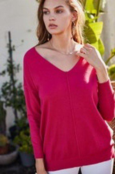 V Neck 3/4 Sleeve Side Slit Hi-lo Sweater-Rose Red